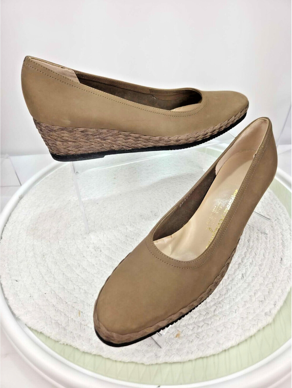 Salvatore Ferragamo Beige Nubuck Wedge Shoes with Braided Detail